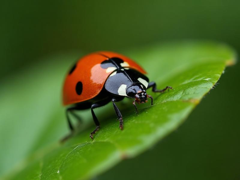 Coccinelle, auxiliaire de biocontrôle, sur une feuille au jardin